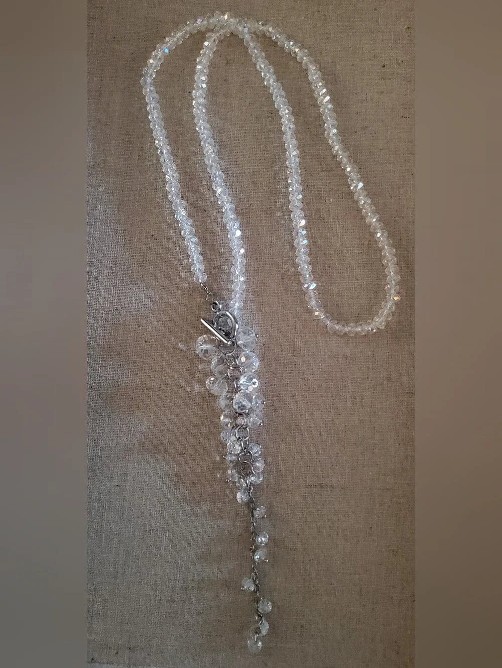 Long Clear Beaded Crystal Look Pendant Necklace Silver Tone Statement NWOT